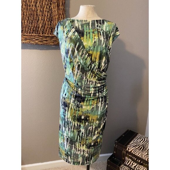 Connected Dress Green Gray Yellow Black 24W Career Church Stretch Sheath - Picture 2 of 7